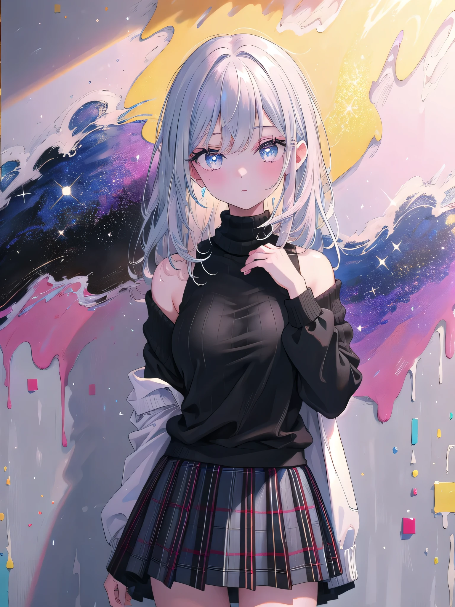 ((8k, Highest quality, masterpiece: 1.3)),Ultra-high resolution,(1 girl, alone), (Color changing eyes, Ultra-detailed, Expressive brilliance, Glitter, Glowing Eyes), Highly detailed eyes, Highly detailed face, Random Hair, ((pastel colour))A modern art gallery with minimalist white walls and large, abstract paintings. The woman is dressed in a simple, fitted black turtleneck and a plaid mini skirt. She’s standing in front of a large painting, one hand resting on her hip, the other slightly raised as she turns to look at the camera. Expression: A thoughtful, inquisitive look. Details: Her hair is straightened and falls neatly to her shoulders. The lighting is soft and even, highlighting the details of both the woman and the artwork.