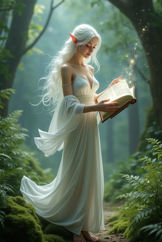 elf with wavy white hair and hazel eyes in mid-length dress in forest with white grimoire using magic 