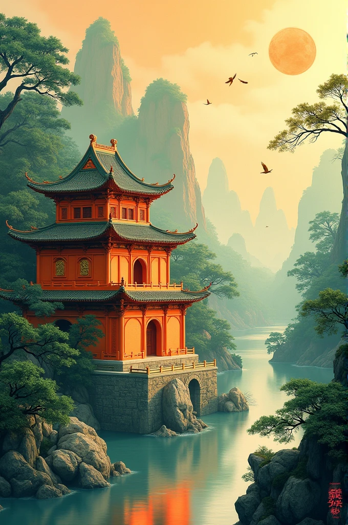 Landscape painting containing a chinese old style building of orange colour , greenery with trees , a little area of river, a orange shadow on the building, birds flying in the sky. hence a total beautiful scene