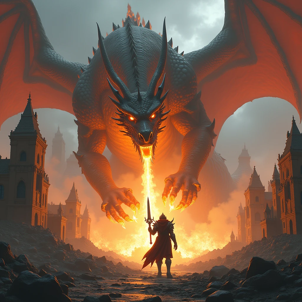 A colossal dragon breathing fire over a ruined city, with a lone hero standing defiantly in its path, wielding a magical sword. The hero's armor glows with an otherworldly light as they prepare for the ultimate battle.