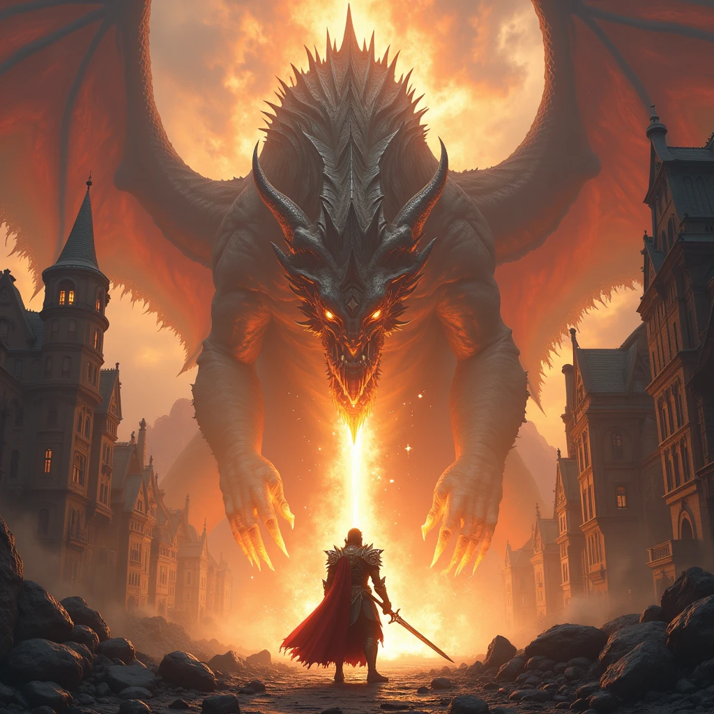 A colossal dragon breathing fire over a ruined city, with a lone hero standing defiantly in its path, wielding a magical sword. The hero's armor glows with an otherworldly light as they prepare for the ultimate battle.