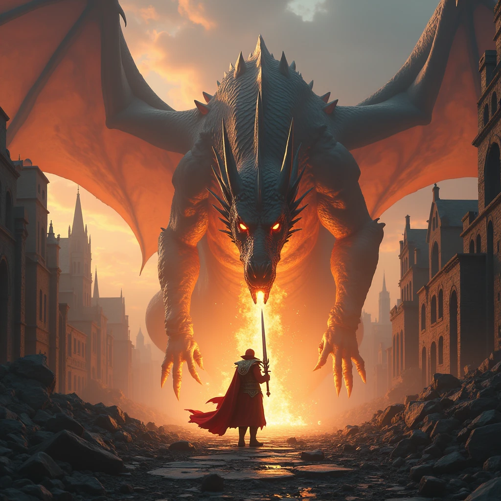 A colossal dragon breathing fire over a ruined city, with a lone hero standing defiantly in its path, wielding a magical sword. The hero's armor glows with an otherworldly light as they prepare for the ultimate battle.