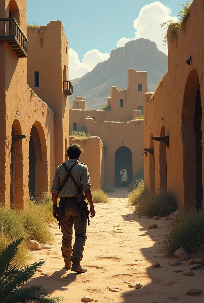 Man arriving at an abandoned pueblo-inspired village 