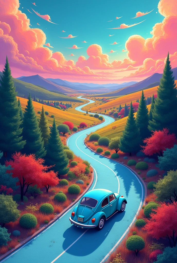 (illustration) 2D, The illustration is captured from a high vantage point, showcasing a beautiful vertical landscape with vibrant and intense colors. The road that winds up the fantasy forest and then gracefully disappears into the horizon, cutting through wide open fields. The sky above is a captivating mix of strong blue, orange, red, pink, and white, with wispy clouds that gently float across the scenery. On the road's surface, there's barely any sign of movement, adding to the serene and natural beauty of the landscape. The light blue classic VW Beetle stands in front view out against the quietness of the surroundings, creating a focal point in the scene. Its contours and details are clearly drawn, emphasizing its modern and comfortable design. The background is a mix of green, red, orange and purple hills, with blue and psychedelic tones, creating a fantasy atmosphere. The road's surface has a light blue texture, adding to the overall aesthetic quality of the image.