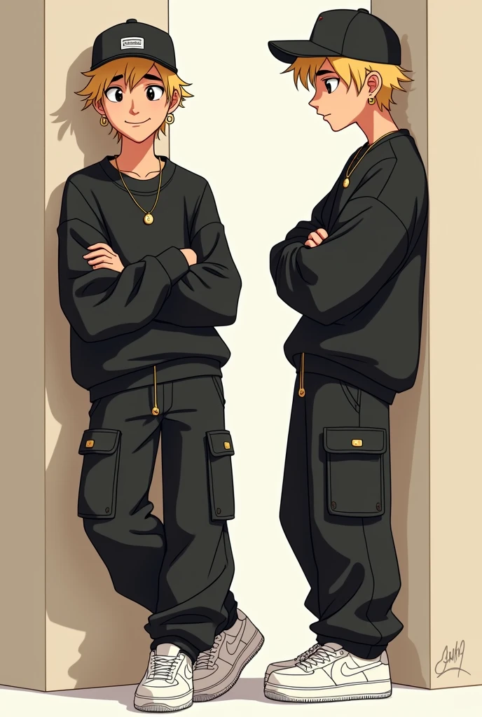 cartoon homem 2d drip, blond, in black cargo pants, black cap back, Black long-sleeved shirt, Air Force Sneakers White, simple earrings, very loose clothes, gold cord, with arms crossed, leaning against a wall without many details, etc. Make this same character face down smiling