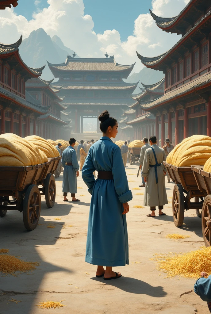 In ancient China during the Tang Dynasty, a woman wearing a blue dress of coarse cloth stood watching a large courtyard filled with carts loaded with sacks of rice being transported for sale.
