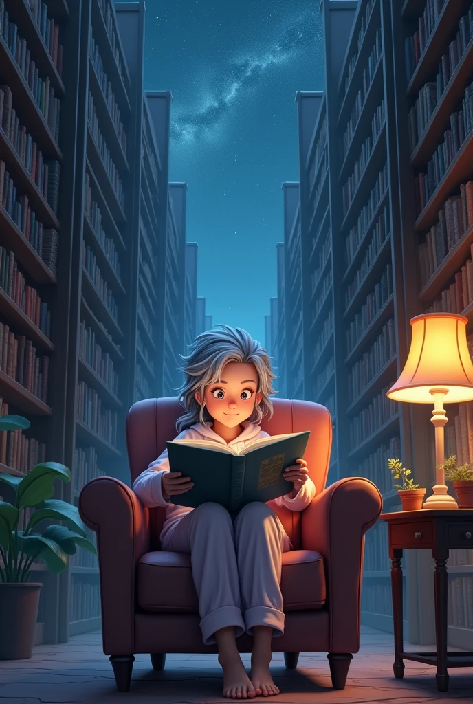 One person、Gray-haired、pajamas、Picture book reading、Storytelling、In the background, there are a huge number of bookshelves and a starry sky.、Fantasy、Healing、relax、Fantasy、Beautiful