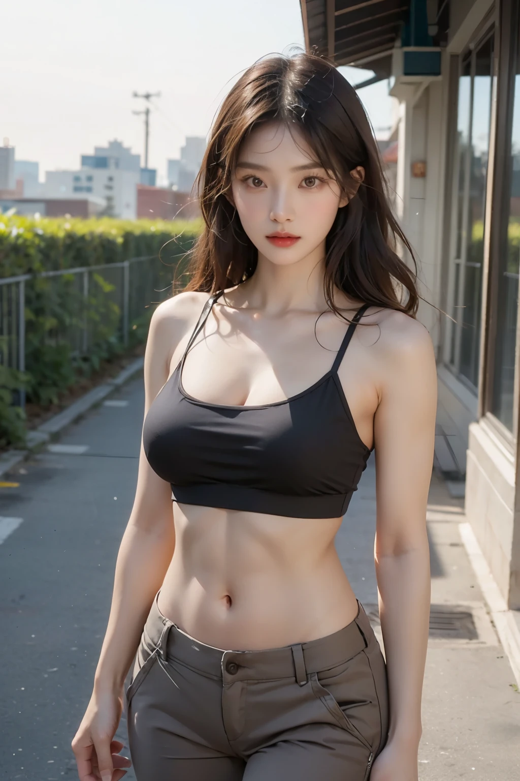 ((Best quality, 8k, Masterpiece :1.3)), Whole body, Long legs, Sharp focus :1.2, A pretty woman with perfect figure :1.5 Korean girl, ((Dark brown hair, Big breasts:1.3)), (Sexy sports top, long laging pants, Standing:1.2), ((sunset City view, street background)), Highly detailed face and skin texture, Detailed eyes, Double eyelid, (abs, muscle :1.3), 