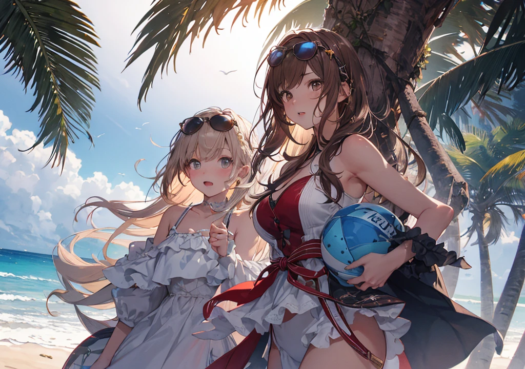 Realistic photos, Focus distance 10mm, Red and white, Beautiful girl, Realistic photos, Shooting at focus distance 10mm, masterpiece, 最high quality, high quality, Very detailed CG 8k wallpaper unit, Award-winning photography, Depth of written boundary, High resolution, bloom, chromatic aberration, Realistic, Very detailed, Art Station Trends, CGsociety Trends, Complex, High detail, dramatic, Art on the go, volumetric lighting, Beach Party Princess (Ash Brown) : A scene of a beautiful ash brown Disney princess-style girl wearing vibrant beachwear and sunglasses having fun with friends at a colorful beach party in Ibiza. Her hair sparkles in the sunlight with beach balls and palm trees in the background