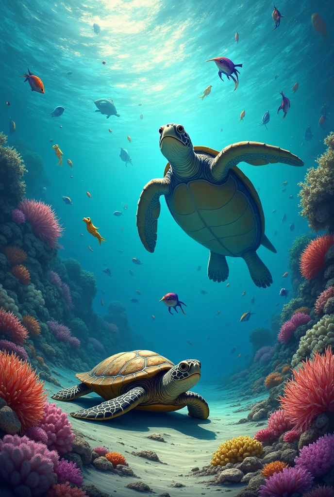 

Illustration: a strong current swept through the reef, and many sea creatures lost their way. The wise old turtle, Toby, called for help, but no one was brave enough to swim against the current. A worried Toby the Turtle talking to sea creatures like colorful fish and shy seahorses.
