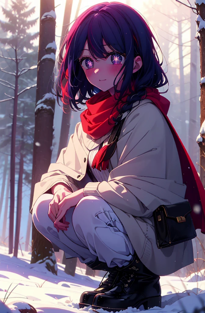 aihoshino, Ai Hoshino, Long Hair, bangs, (Purple eyes:1.1), Purple Hair, (Symbol-shaped pupil:1.5), smile,,smile,blush,white breath,
Open your mouth,snow,Ground bonfire, Outdoor, boots, snowing, From the side, wood, suitcase, Cape, Blurred, , forest, White handbag, nature,  Squat, Mouth closed, Cape, winter, Written boundary depth, Black shoes, red Cape break looking at viewer, Upper Body, whole body, break Outdoor, forest, nature, break (masterpiece:1.2), Highest quality, High resolution, unity 8k wallpaper, (shape:0.8), (Beautiful and beautiful eyes:1.6), Highly detailed face, Perfect lighting, Extremely detailed CG, (Perfect hands, Perfect Anatomy),