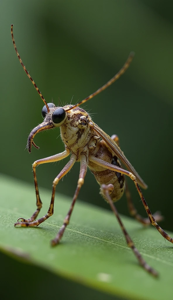 A mosquito with frog legs, snake head and donkey tail.