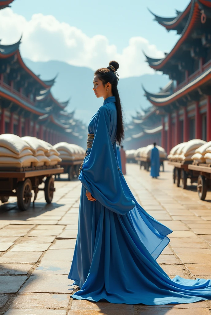 detailed detailed blue robed woman standing in a vast courtyard with carts full of sacks of rice being transported, ancient chinese tang dynasty, realistic, cinematic lighting, vibrant colors, highly detailed, photorealistic, 8k, masterpiece