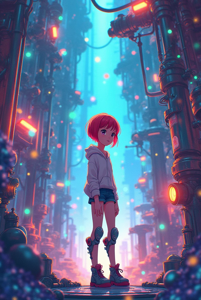 Colorful and dreamy anime style illustration of a girl with red short hair, Vibrant, Mechanical landscape. She wears casual clothing with mechanical leg armor, Surrounded by a kaleidoscope of colors and brilliant lights. The backgrounds are filled with whimsical details and magical atmosphere.
