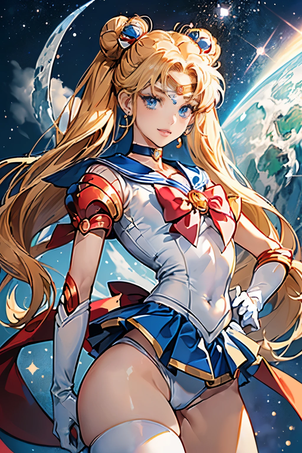masterpiece、full:1.3、stand、8k、Highest quality、極めて詳細な CG Unity 8k の壁紙、From below、Intricate details、(1 female)、2、(Sailor Moon:1.6 Super Bishoujo Senshi Sailor Moon Mer1、Meishaon,Tierra、Sailor Warrior Uniform Sailor:1.5、Sailor Moon:1.5,Eternal Sailor Moon)、(信じられないほど長くて明るいTwin tailsのブロンド:1.4、thin and very long straight twin tail blonde, Hair Bun、Red round hair ornaments in a hair bun)、((Sailor Warrior Uniform:1.4、Blue Collar,Blue Sailor Collar,Blue Pray Ultra Mini Skirt:1.5、very large Red Bow on the chest,,Long white latex gloves,Red gloves on elbows、Exposing the upper arm,A gorgeous golden tiara on her forehead、耳Nipple Ring,Luxury gold jewelry、High leg swimsuit))、Ultra-thin, high-gloss white holographic leather、オイルのように輝く高光沢ホワイトラテックスHigh leg swimsuit,(Facial details:1.5、blue eyes、Beautifull expression、beautidfull eyes、Iris Contour, Eyes with highlights、thin唇:1.5、Thin, sharp, pale eyebrows,、Long eyelashes、Double eyelashes、thin, Lean and muscular,,,、Small Face、tall and big chested、Perfect Proportions、Big breasts and small waist、Sexy model posing、Dynamic pose,Visible pores、A seductive smile、Perfect hands:1.5、Octane Rendering、A very dramatic picture、(moonの神性,Space Background、moonの光、moon、Dynamic Background、Exquisite lighting and shadows、Dynamic Angle、Detailed Background),Strong natural light、sunlight、Digital SLR、Sharp focus: 1.0、Maximum clarity and sharpness、mecha musume,(Honestly, Double Bang, Twin tails, Parted bangs, Circlet, jewelry, Earrings, choker, Red Bow, White gloves, Elbow hand pockets, Blue Skirt,(Honestly, Double Bang, Twin tails, Parted bangs, hair ornaments, Circlet, jewelry, Earrings, choker, See through, Red Bow, White gloves, Elbow hand pockets, カラfullなスカート)
)