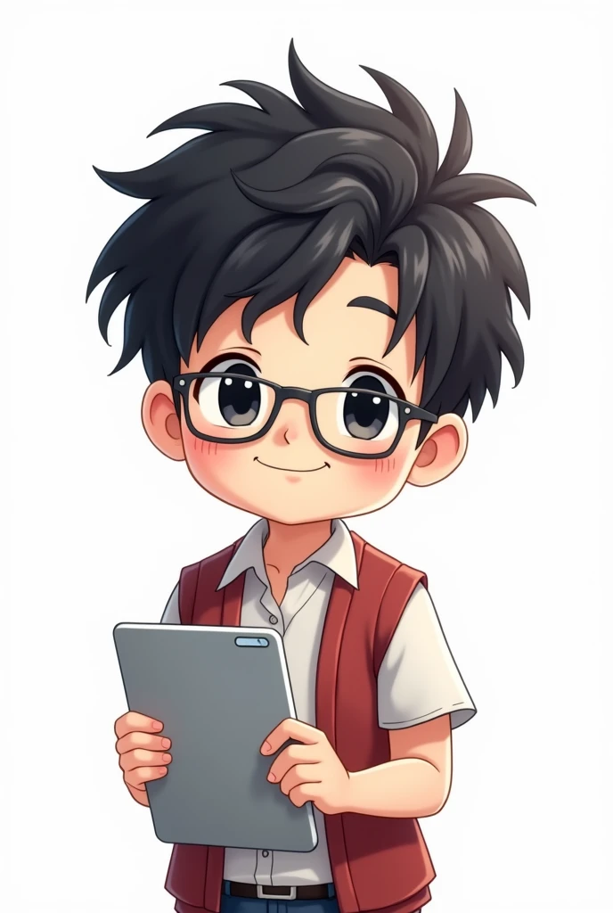 Black hair male teacher, black eyes, wearing glasses, holding an iPad, anime image, white background, chibi image