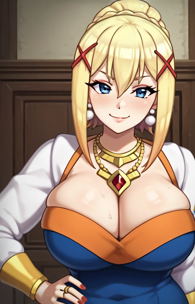 Darkness lalatina,konosuba,Big breast,Plump,Curvy figure,Golden bracelet,Half open eyes,((multi-strand necklace)),Big pearl earring,Mature,Cleavage,diamond Wedding ring,Enchanced breast,Cross hairpin,Corrupted noble,red color long nail,Blonde,Majestic mansion,1hand on hips,No bang hair,Noble rings,modern anime quality,Tight thights,Konosuba anime artstyle,Swaying hips,smile,Bob hair,Eyeshadow,red Lipstic,horny expression,Enchanched ass,Unnatural big breast,Detailed face,noblesse dress