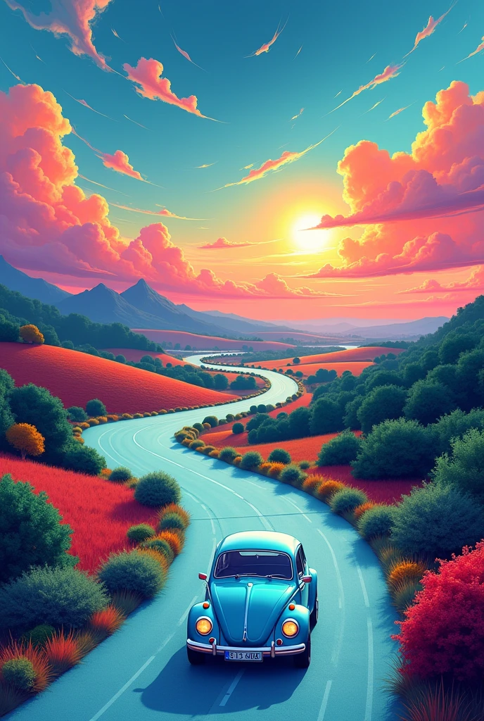 (illustration) 2D, The illustration is captured from a high vantage point, showcasing a beautiful vertical landscape with vibrant and intense colors. The road that winds up the fantasy forest and then gracefully disappears into the horizon, cutting through wide open fields. The sky above is a captivating mix of strong blue, orange, red, pink, and white, with wispy clouds that gently float across the scenery. On the road's surface, there's barely any sign of movement, adding to the serene and natural beauty of the landscape. The light blue classic VW Beetle stands in front view out against the quietness of the surroundings, creating a focal point in the scene. Its contours and details are clearly drawn, emphasizing its modern and comfortable design. The background is a mix of green, red, orange and purple hills, with blue and psychedelic tones, creating a fantasy atmosphere. The road's surface has a light blue texture, adding to the overall aesthetic quality of the image.