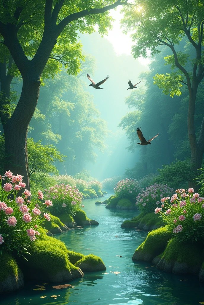 forest with river, flower falling from trees and birds (4k hd)