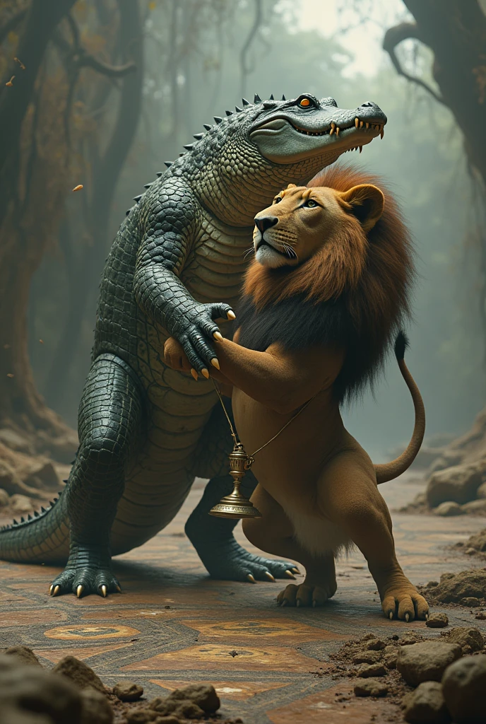 alligator winning the fight against the lion, the lion has to be on the sacred ground while the alligator holds the box trophy