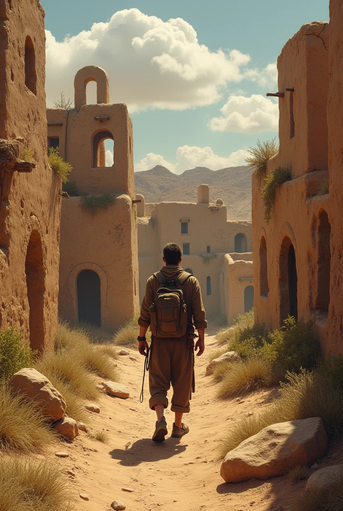 Man arriving at an abandoned pueblo-inspired village