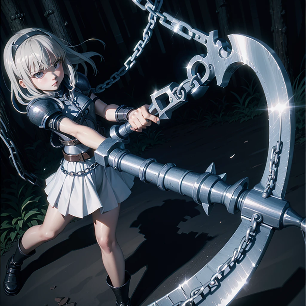 最high quality、high quality、Simple Cloth Armor、10Year-old girl adventurer、Equipped with a weapon that has a short chain at the end of a stick and a spiked iron ball at the end of the chain、In a dark maze