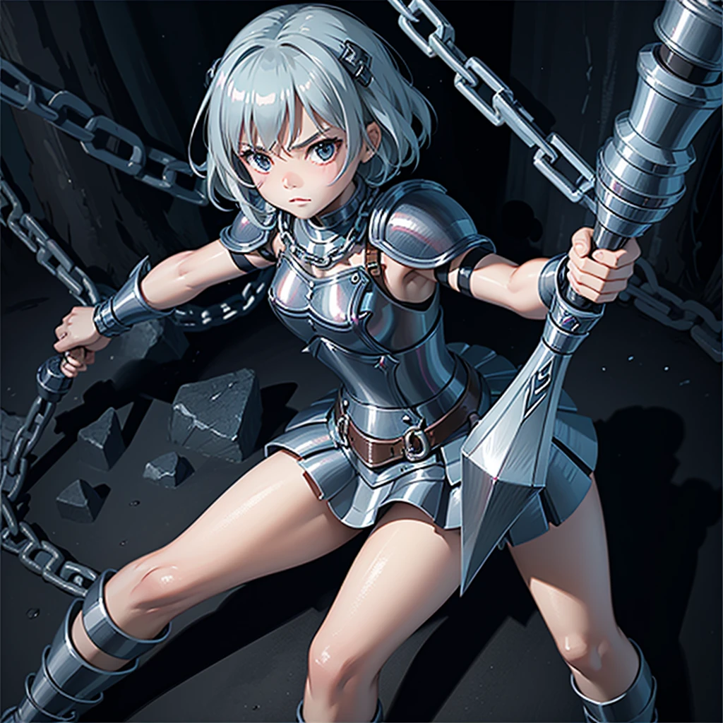 最high quality、high quality、Simple Cloth Armor、10Year-old girl adventurer、Equipped with a weapon that has a short chain at the end of a stick and a spiked iron ball at the end of the chain、In a dark maze