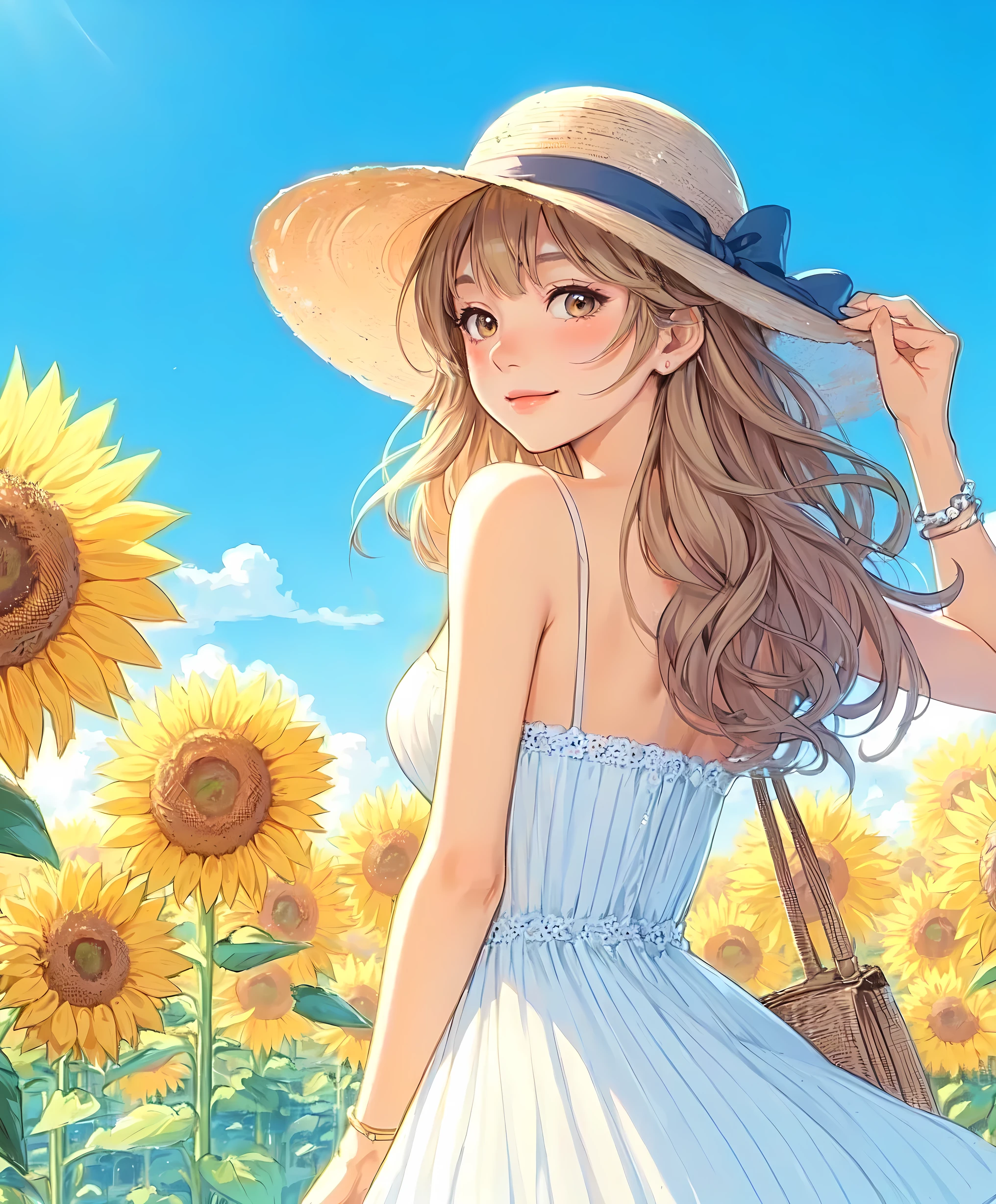 1lady solo, (looking back) (from behind), stylish outfit (refreshing attire), (sundress) (straw hat), (mature female:0.8), /(beige hair/) bangs, blush kind smile, (masterpiece best quality:1.2) delicate illustration ultra-detailed, large breasts BREAK (vibrant sunflower field) outdoors, blue sky, sunlight, detailed background