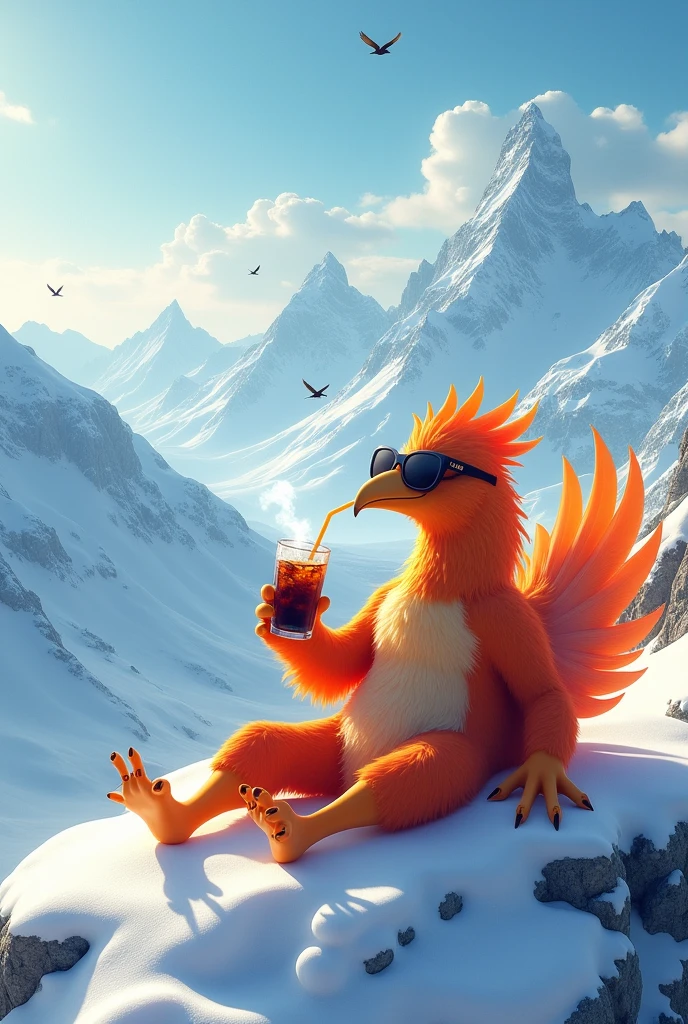 Snow Scenery, Phoenix, Above the snowy mountains, on vacation, wearing sunglasses, suck cola through a straw, multiple phoenixes in the background, 