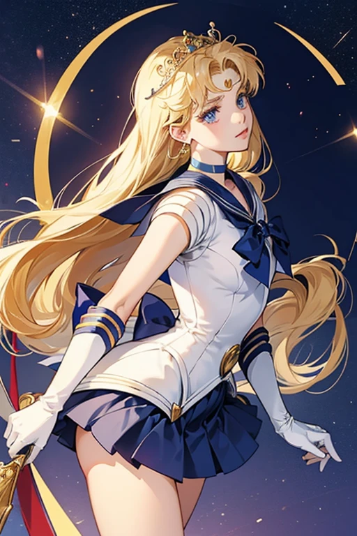 Haruka is a short teenager., Light blonde hair and dark blue eyes. Her main color was navy blue (Tiara Jewelry, Her Collar, choker, gloves, Back waist bow, skirt) Her accent color was yellow. (Front Bow). She wore gold rings on both earlobes., Her Collar had no stripes, her choker had no gems attached to it, Her shoulder pads were normal., her gloves were wrist-length, And her long, Knee-length, Navy blue high heel boots. In the manga, When Sailor Moon transformed into Super Sailor Moon for the first time、Her brooch changed from a circle to a heart.。.