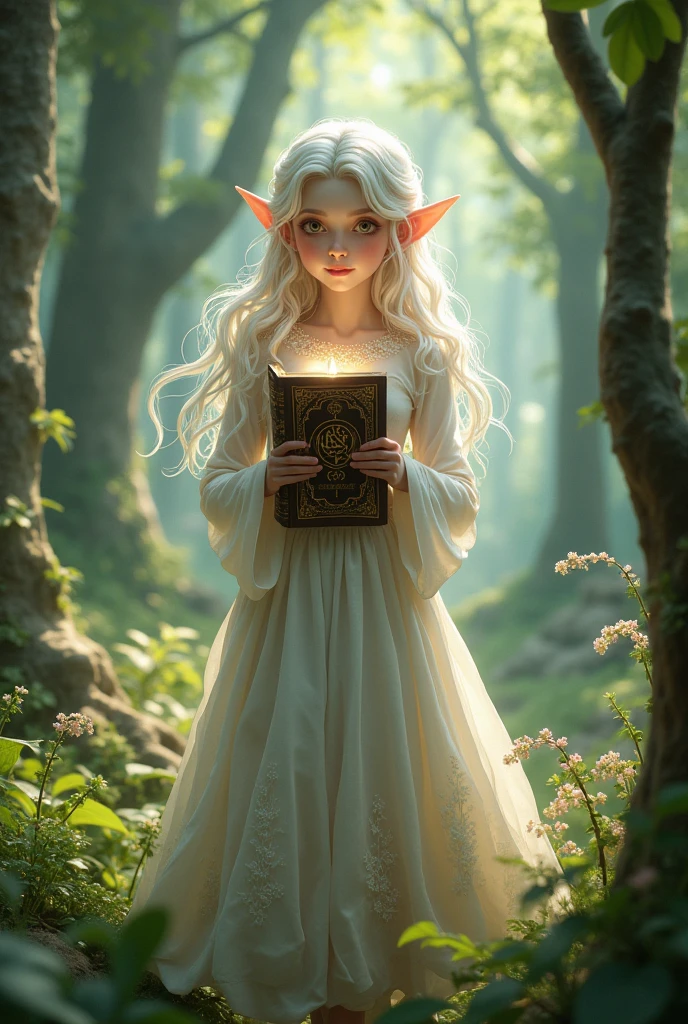 elf with wavy white hair and hazel eyes in mid-length dress in forest with grimoire