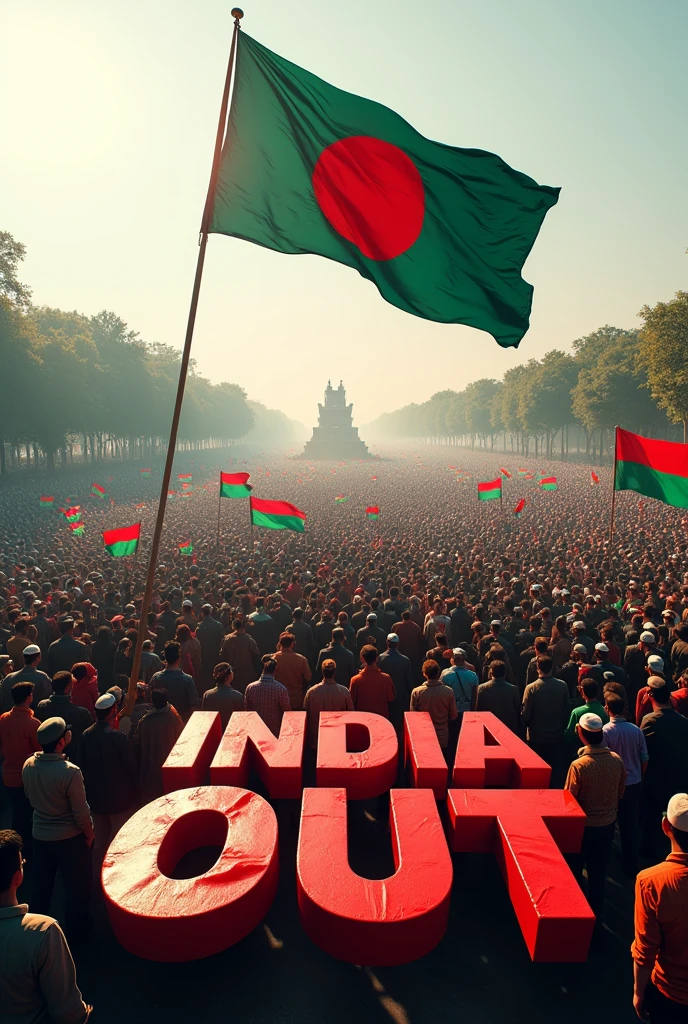 The people of Bangladesh are protesting together, some people will have Bangladesh flag in their hands, in the middle there will be a big flag and there will be a map of Bangladesh.  (India out) mast be written on the ground 3D .