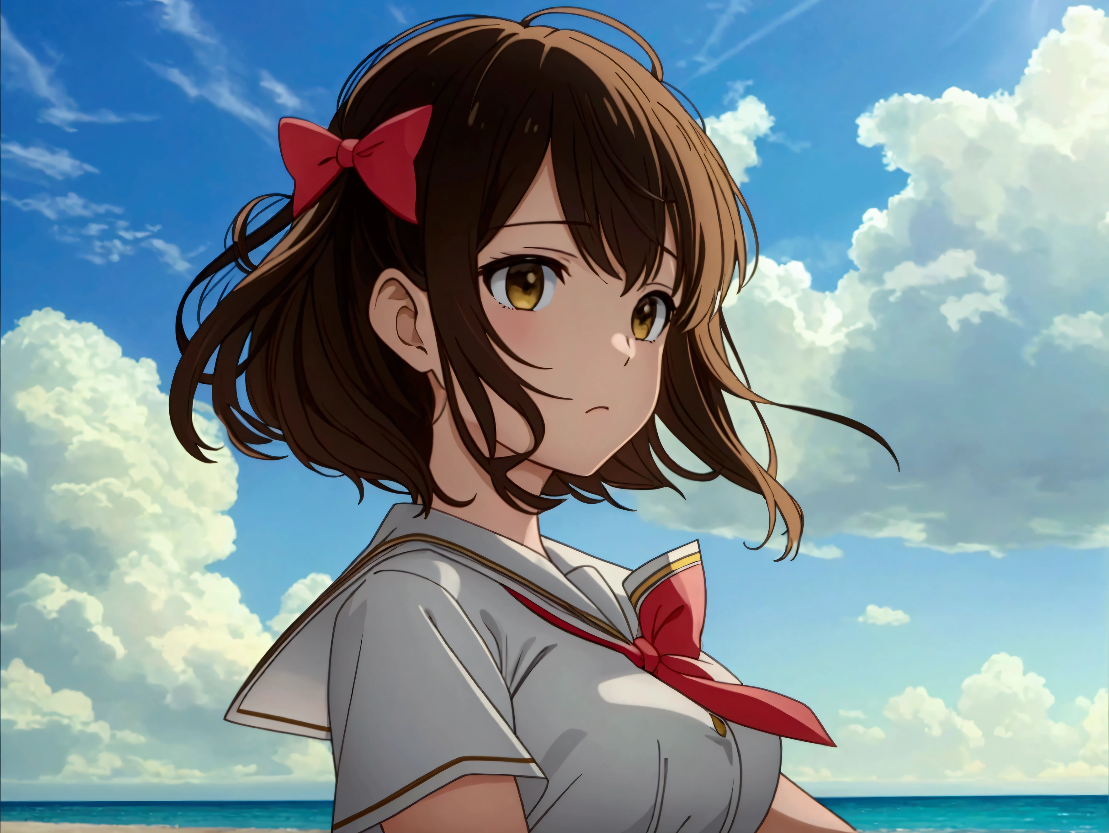 Highest quality masterpiece High resolution Girl (産egg) uniform skirt Bow-legged egg Troubled expression beach