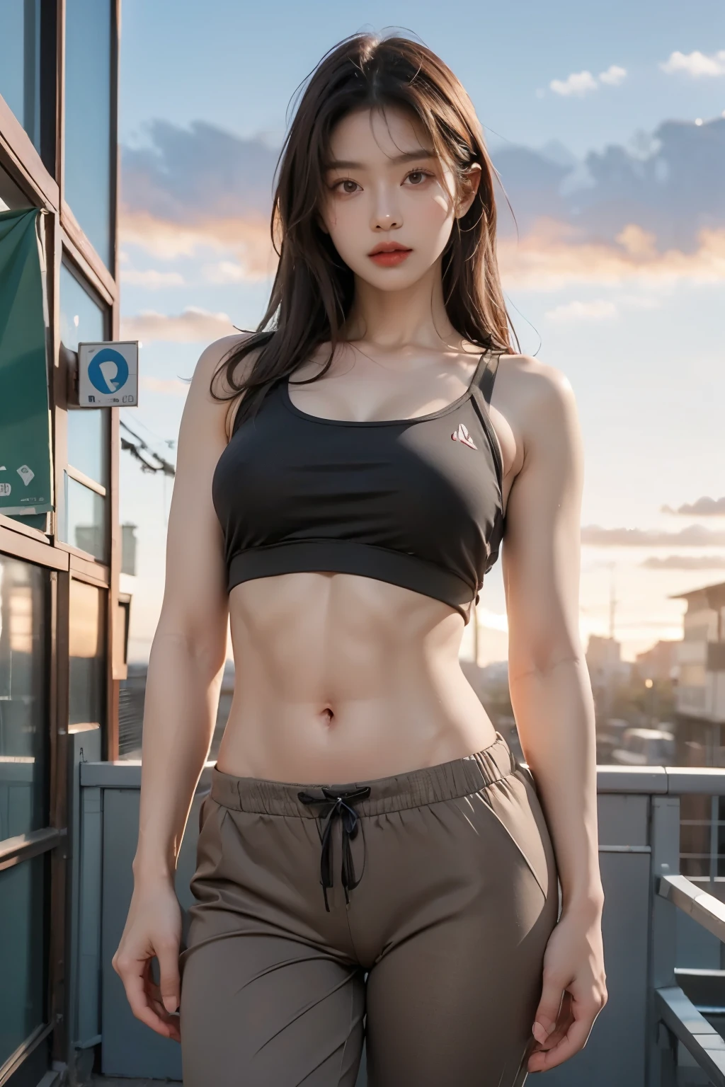 ((Best quality, 8k, Masterpiece :1.3)), Whole body, Long legs, Sharp focus :1.2, A pretty woman with perfect figure :1.5 Korean girl, ((Dark brown hair, Big breasts:1.3)), (Sexy sports top, long laging pants, Standing:1.2), ((sunset City view, street background)), Highly detailed face and skin texture, Detailed eyes, Double eyelid, (abs, muscle :1.3), 