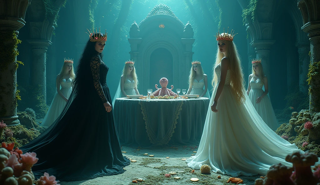 A full-body shot of a (extra wide angle 16:9, 1:1) portrait, ((2 Super realistic 1:1 gorgeous vampire queens)) twin queen sisters, wearing their golden crowns with pink crystals 1:1, and 3 princesses gorgeous blondes with perfect extra beautiful (((detailed realistic face))).with jewelry’s, In a dark deep sea (big medieval ballroom very old realistic 1:3) in an old gothic palace, under the sea. Gliding neutrally buoyant in the sea. Sinking down at the bottom. Ripped many layered lace medieval dresses in black. Frayed apart lace dresses in pink. Gold garnish. The queens have a big light-colored very finely detailed eyes, black super-long hair. Their exquisite girlfriend vampire queens with big bright blue finely detailed eyes 1:!. have an extra long blonde hair, gold crown. Pale pink, white, black with gold and diamond dresses. Dresses in many layered lace and chiffon riven apart and wet ( perfect hands, five fingers on each hand.) Small breasts cleavage, (hyper realistic perfect eyes 1:3). Face with Pale perfect detailed skin. Hyper detailed skin on body. Queens of the night surrounded by Perished under-water gothic palace 1:1 Bright colored blue, pink, orange, green fishes swimming around. Pink Corals. Sea moss. Octopus. Treasure chest with gold coins and jewelry in it. The scene a beautiful empresses floating ghostly, their super long hair 1:1. Flowing all around. Sad. Scared(Best Quality Detailed faces)1:1. A medieval fairytale vibe, with a big black intricate throne in a corner at the bottom with sea moss on it. Broken dining table. In a fantastic scene that uses 3D Surreal 3D model. Surrounded by crystal wine glasses—one tipped over and broken and silver ware. Pearls. Best eyes 1:1 The entire setup is masterpiece 1:3 framed with the grandeur of medieval gothic style. Clear Focus. 8k