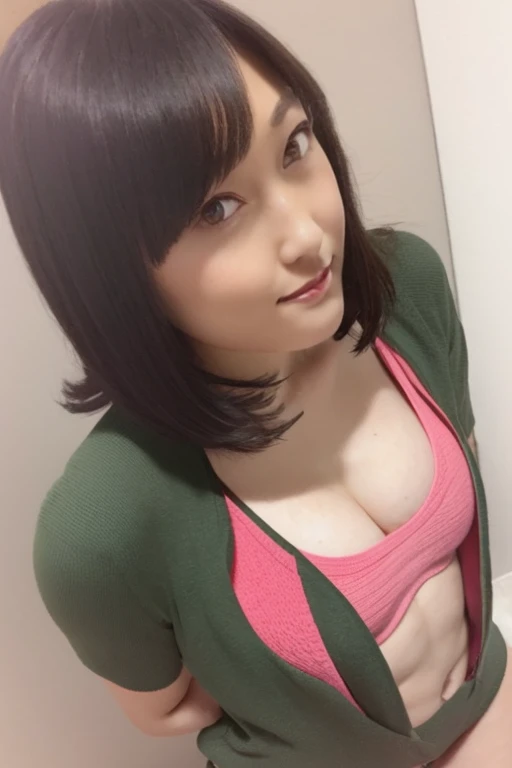 1girl, beautiful woman knit tank top jacket、Pink Panties, skinny, perfect body, defined abs, gold hair, standing in a white wall photography studio, ultra-detailed face, beautiful eyes, beautiful lips, double eyelids, shy smile, trimmed bangs, sun-kissed skin, hint of pubic hair, (best quality, 8k, masterpiece:1.3), frontal and full-body shot, pussy line, front facing, open legs