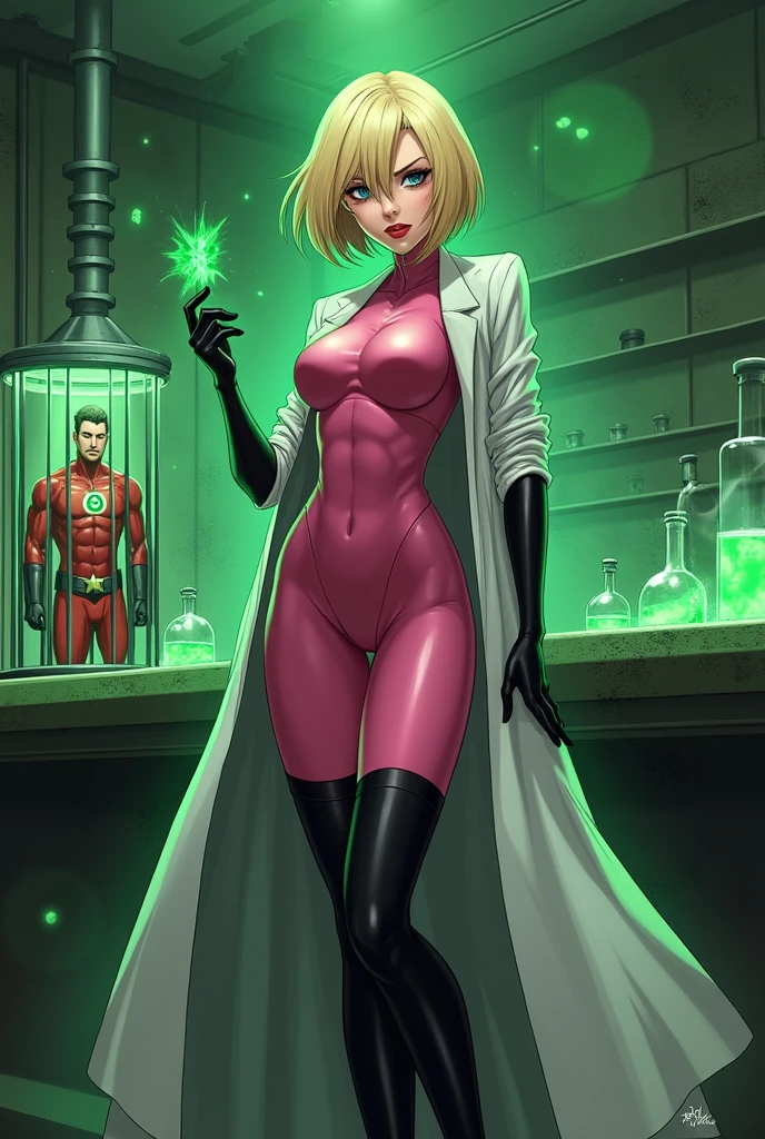 Anime style, Sultry and Beautiful young woman with a soul of pure evil and hatred. Short blonde hair that covers her left eye and blue eyed supervillain dressed in a sleek skintight pink bodysuit, long black gloves and black calf high boots. A long white lab coat over her bodysuit competes the look. She is posing and emanating green energy. She has a smile crossing her thin red lips. The setting is a dirty laboratory with a captured costumed hero in a cage. She is creating poisons in a lab.