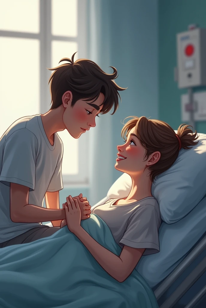 Brother Comforting His Sister: The brother sitting on the edge of the hospital bed, holding his sister's hand. She is looking up at him with a weak but loving smile, and he is reassuring her with his words, his expression tender.