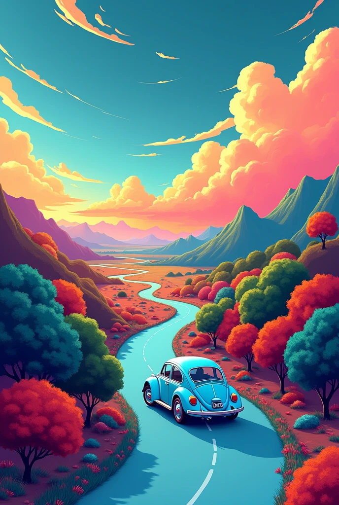 (illustration) 2D, The illustration is captured from a high vantage point, showcasing a beautiful vertical landscape with vibrant and intense colors. The road that winds up the fantasy forest and then gracefully disappears into the horizon, cutting through wide open fields. The sky above is a captivating mix of strong blue, orange, red, pink, and white, with wispy clouds that gently float across the scenery. On the road's surface, there's barely any sign of movement, adding to the serene and natural beauty of the landscape. The light blue classic VW Beetle stands in front view out against the quietness of the surroundings, creating a focal point in the scene. Its contours and details are clearly drawn, emphasizing its modern and comfortable design. The background is a mix of green, red, orange and purple hills, with blue and psychedelic tones, creating a fantasy atmosphere. The road's surface has a light blue texture, adding to the overall aesthetic quality of the image.