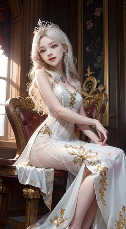 (masterpiece:1.2), Highest quality, (figure:1.2), (Very detailed), Hyper Details, (Delicate and detailed), (Intricate details), (Cinematic Light, Highest quality Backlights), Clear lines, From below, soloist, Perfect body, (One person), White hair and yellow eyes, (Emperor, See-through clothing), (Crown: 1.1), Sitting on the throne, smile, (shy: 1.2 ), (compensate), High Contrast, (Best lighting, Very creative and beautiful), (Cinematic Light), colorful