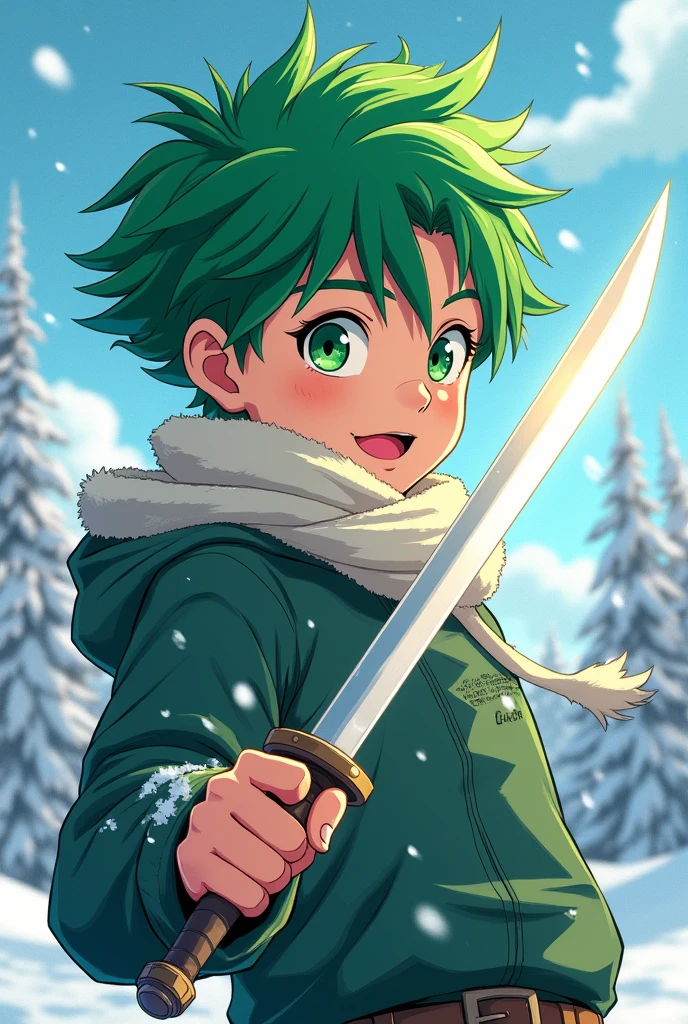 animated, handsome boy , green hair, white dagger, provide snow