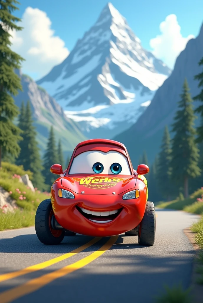 a colorful and smiling car, walking on a road, with trees and mountains in the background.