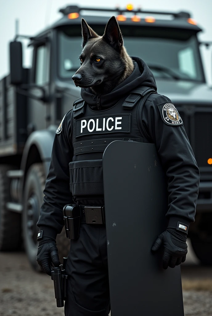 Create a black dog-faced man. he was wearing a bulletproof vest with the letters police and holding a Riot Shield. He is a member of the North Eastern cartel. He was next to an armored truck.