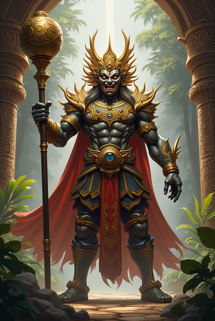 Create a magnificent Thai-style fanged Thao Wessuwan holding a mace.