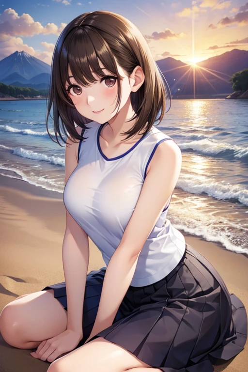 anegasaki nene、Shiny brown hair, short hair, (Beautiful brown eyes、Sparkling eyes, Fine grain)、smile、Ultra-detailed eyes、Highly detailed face, Highly detailed eyes,Cowboy Shot、



Highest quality, , blue sky, Calm sea, Sandy Beach, sunset, Fuji Mountain, 
erotic, 唯一のセクシーな日本人woman, Healthy body shape, woman, student,   
Sexy long legs, Glowing Skin, Soft Skin, Sleeveless T-shirt, Brown long skirt, barefoot, Backwards, Turn to the camera