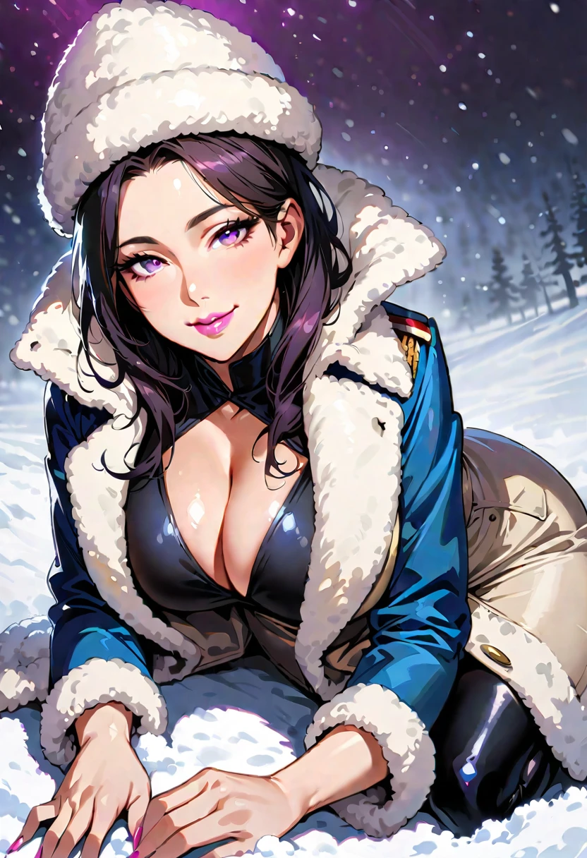 Mature beautiful woman,(Highest quality,Extremely detailed depiction,Incredibly absurd high resolution,Anatomically accurate depiction,Curvy Legs,Shiny skin,Porcelain-like skin,Perfect body),(Sexy female soldier,uniform,Pencil Skirt,High heels,black tights,Hats for the winter,latex,Heavy coat,Winter equipment),eyelash,Flashy makeup,eye shadow,Intensely glowing purple eyes,Half-closed eyes 1.4,Large Breasts,Glossy pink lips,Shadowed face,A seductive smile,whole body:1.2,(background:Snowfield:1.3),Snow Scene,It&#39;s snowing,Side view:1.3