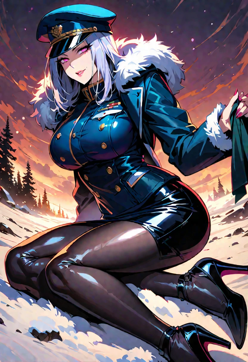 Mature beautiful woman,(Highest quality,Extremely detailed depiction,Incredibly absurd high resolution,Anatomically accurate depiction,Curvy Legs,Shiny skin,Porcelain-like skin,Perfect body),(Sexy female soldier,uniform,Pencil Skirt,High heels,black tights,Hats for the winter,latex,Heavy coat,Winter equipment),eyelash,Flashy makeup,eye shadow,Intensely glowing purple eyes,Half-closed eyes 1.4,Large Breasts,Glossy pink lips,Shadowed face,A seductive smile,whole body:1.2,(background:Snowfield:1.3),Snow Scene,It&#39;s snowing,Side view:1.3