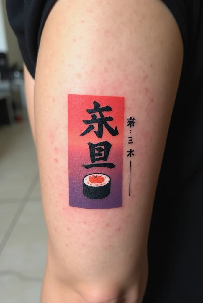 Generate a tattoo template with the name Joselyn in Japanese and a sushi on the back ,centered and have only red color,black and purple 