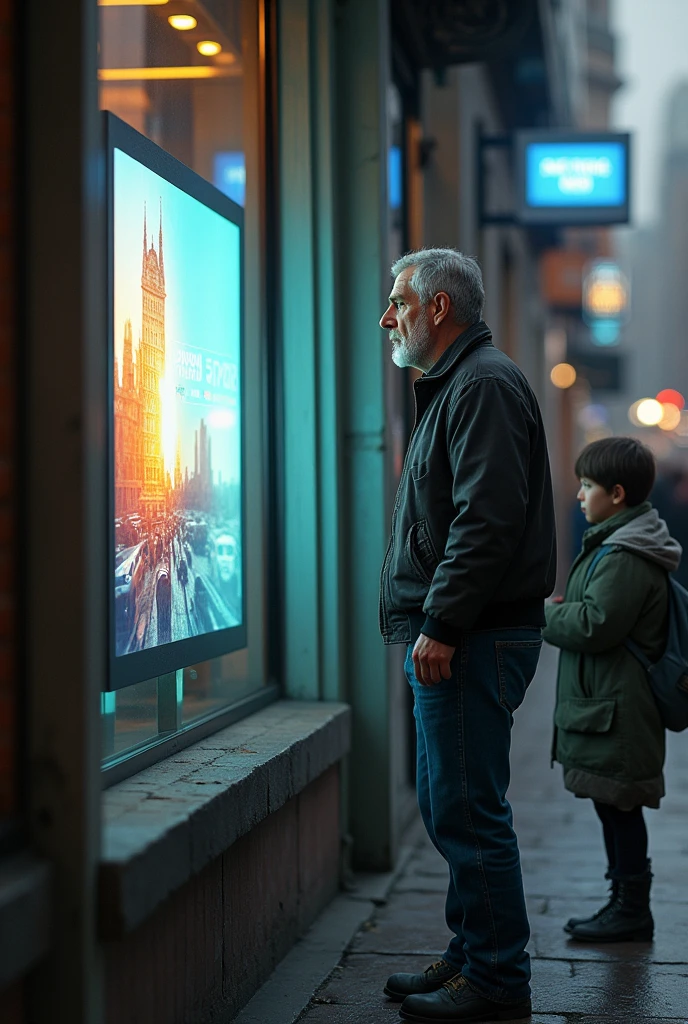 Create an image of a man looking at the yv of a shop window.Add to the side of the window a child begging. The man does not see the child who asks the people who pass by, he only sees the TV screen.ignore the child.