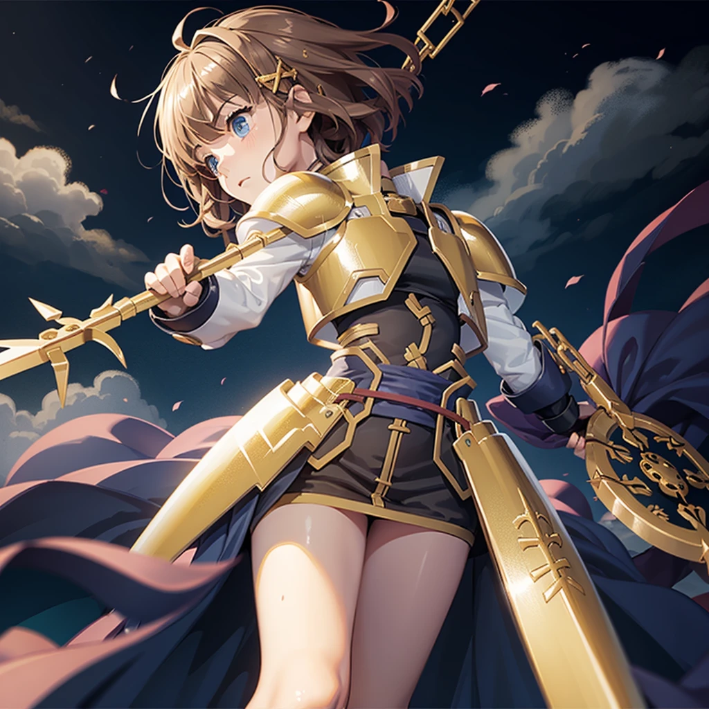 最high quality、high quality、Simple Cloth Armor、10Year-old girl adventurer、Equipped with a weapon that has a short chain at the end of a stick and a spiked iron ball at the end of the chain、In a dark maze